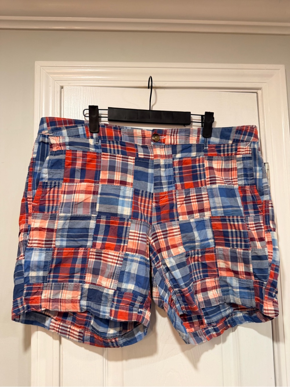 L.L.Bean Size 18 Favorite Fit Madras Patchwork Plaid Cotton Shorts Red Blue